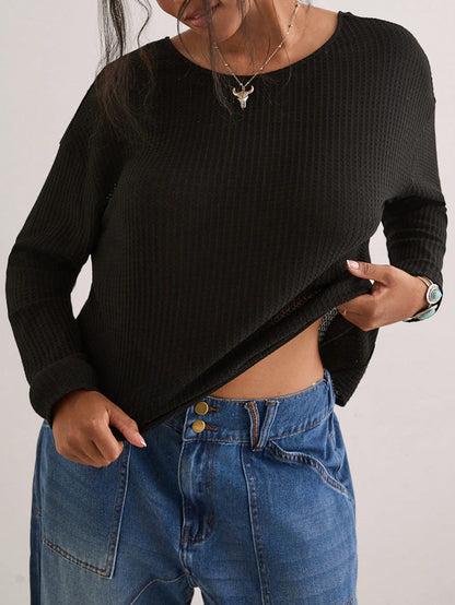 Freevana Plus-Size Long-Sleeved T-Shirt For Women, Black Textured, Open Back With Knot Design, Loose Fit, Elegant And Casual, Autumn/Winter Women's Clothing.