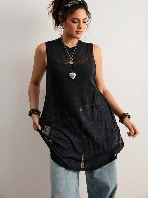 Freevana Plus Size Vintage Bohemian Sheer Sleeveless Pullover Sweater,Black,Summer,Casual,Everyday New Arrival For Music Festivals,Valentine's Day
