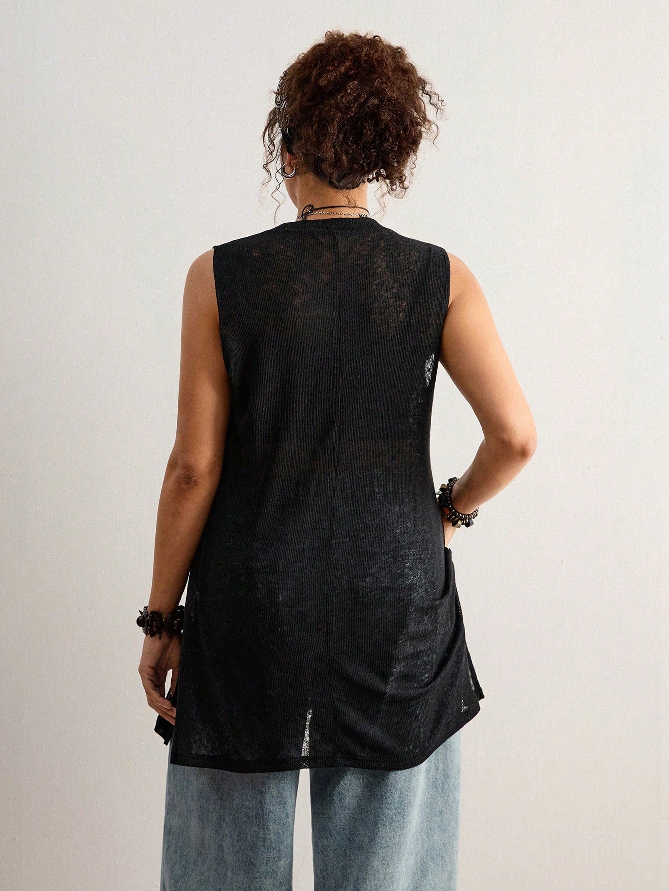 Freevana Plus Size Vintage Bohemian Sheer Sleeveless Pullover Sweater,Black,Summer,Casual,Everyday New Arrival For Music Festivals,Valentine's Day