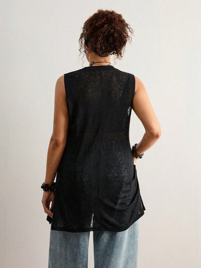 Freevana Plus Size Vintage Bohemian Sheer Sleeveless Pullover Sweater,Black,Summer,Casual,Everyday New Arrival For Music Festivals,Valentine's Day