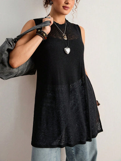 Freevana Plus Size Vintage Bohemian Sheer Sleeveless Pullover Sweater,Black,Summer,Casual,Everyday New Arrival For Music Festivals,Valentine's Day