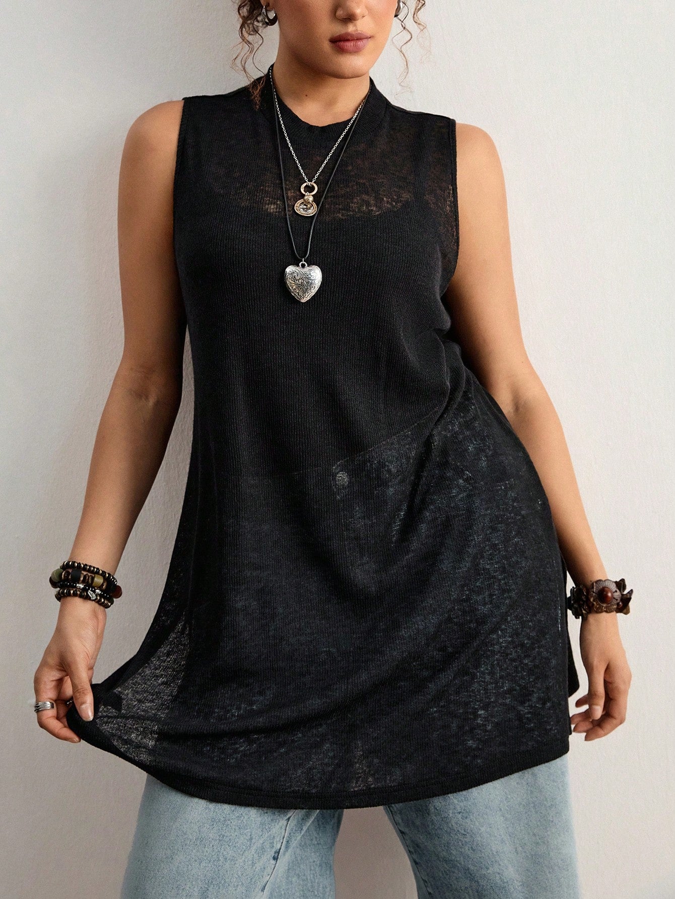 Freevana Plus Size Vintage Bohemian Sheer Sleeveless Pullover Sweater,Black,Summer,Casual,Everyday New Arrival For Music Festivals,Valentine's Day