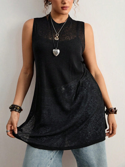 Freevana Plus Size Vintage Bohemian Sheer Sleeveless Pullover Sweater,Black,Summer,Casual,Everyday New Arrival For Music Festivals,Valentine's Day