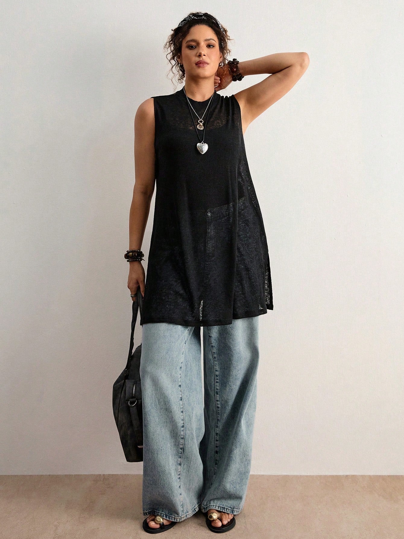 Freevana Plus Size Vintage Bohemian Sheer Sleeveless Pullover Sweater,Black,Summer,Casual,Everyday New Arrival For Music Festivals,Valentine's Day