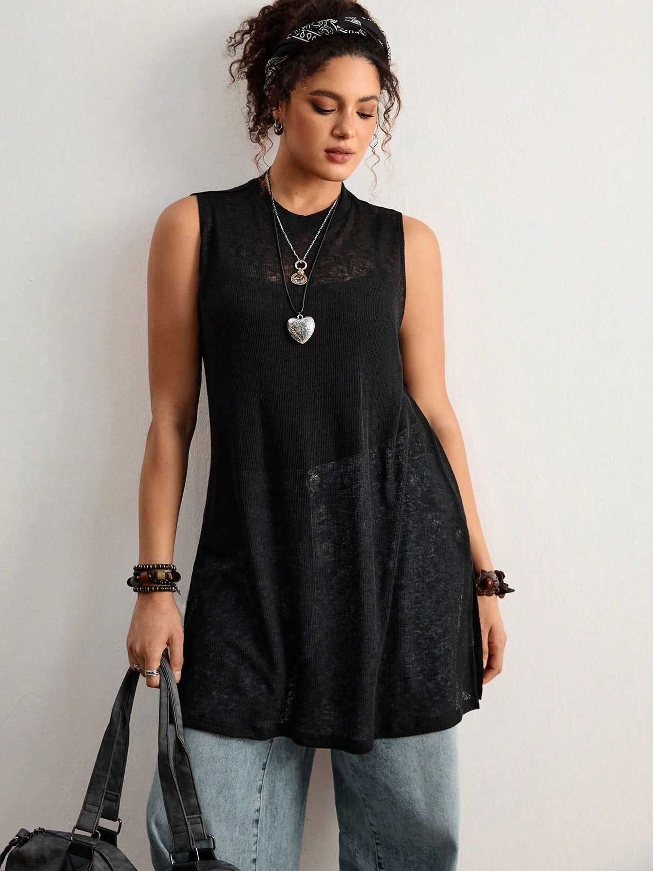 Freevana Plus Size Vintage Bohemian Sheer Sleeveless Pullover Sweater,Black,Summer,Casual,Everyday New Arrival For Music Festivals,Valentine's Day