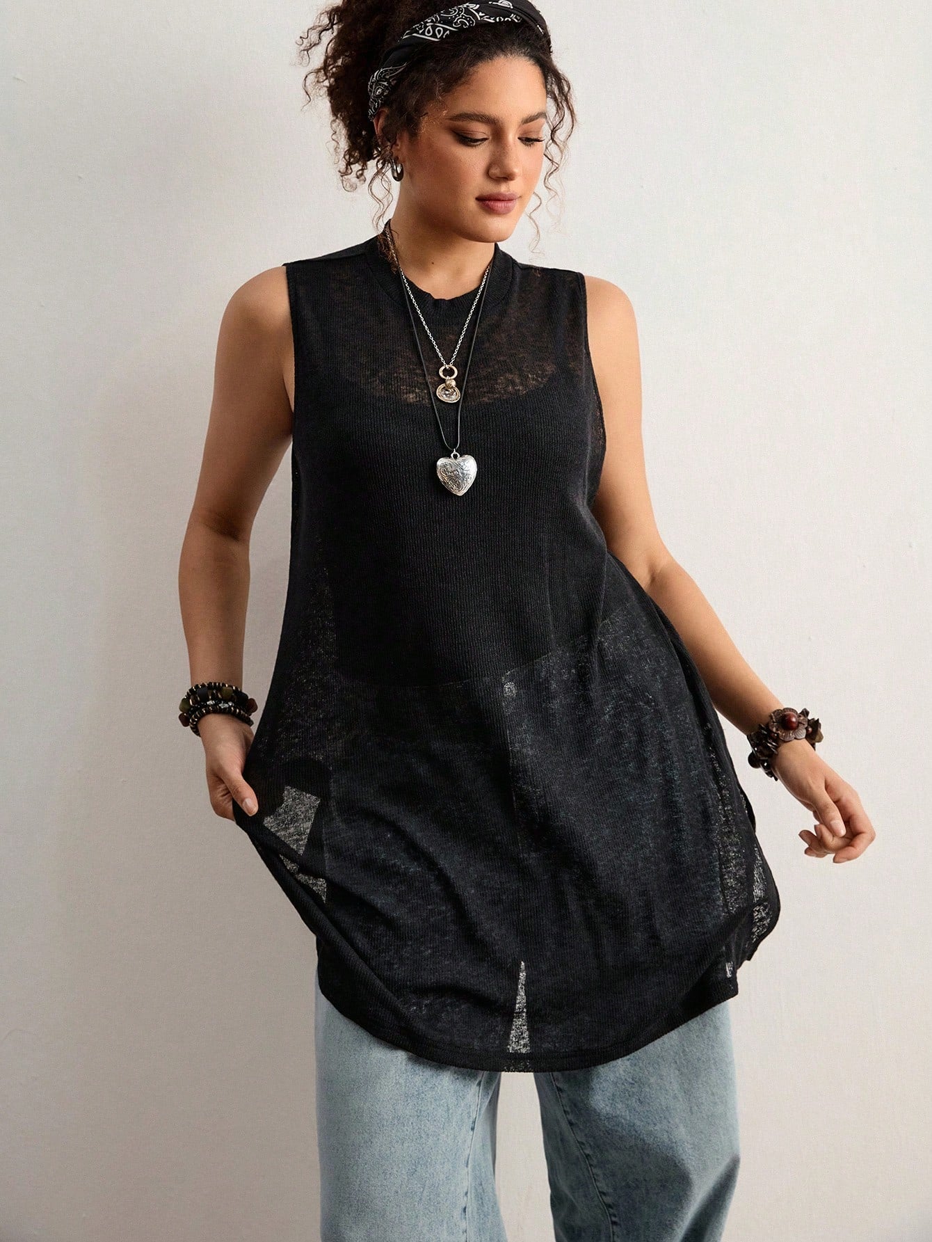 Freevana Plus Size Vintage Bohemian Sheer Sleeveless Pullover Sweater,Black,Summer,Casual,Everyday New Arrival For Music Festivals,Valentine's Day