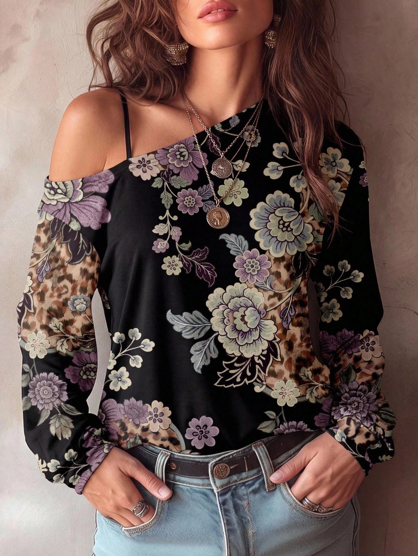 Freevana Plus Size Women's Casual Minimalist Floral Print T-Shirt Suitable For All Seasons Sexy One-Shoulder Design With Vintage Print Vacation Outfits Women