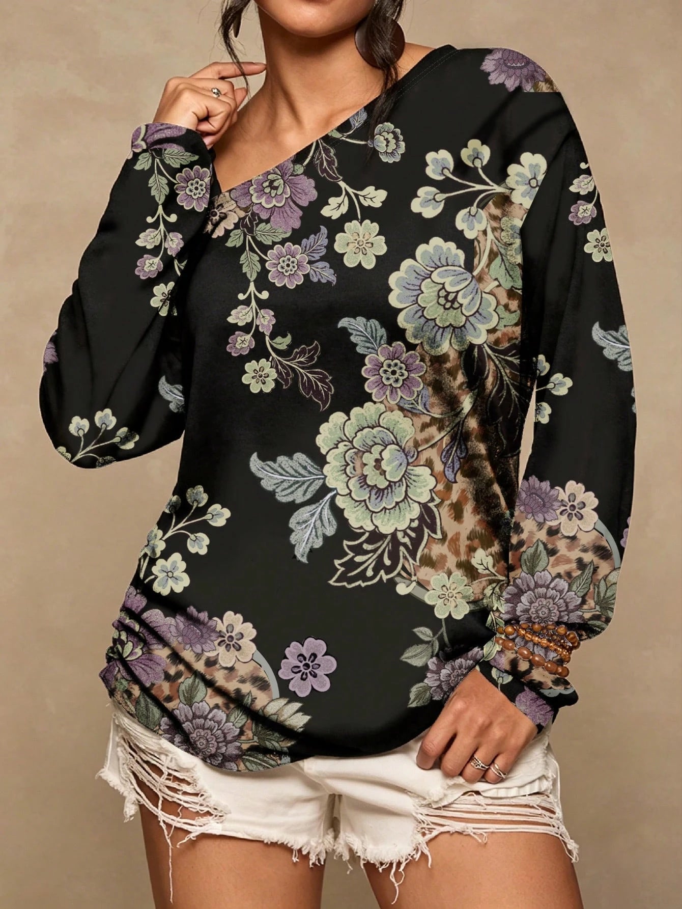 Freevana Plus Size Women's Casual Minimalist Floral Print T-Shirt Suitable For All Seasons Sexy One-Shoulder Design With Vintage Print Vacation Outfits Women
