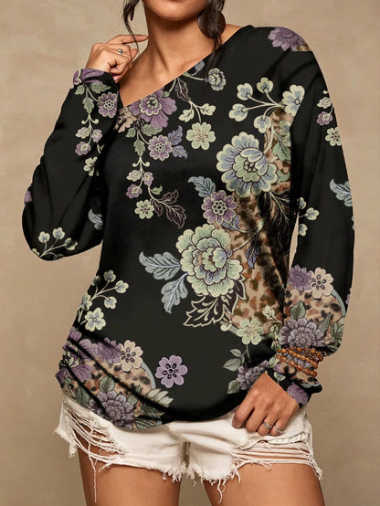Freevana Plus Size Women's Casual Minimalist Floral Print T-Shirt Suitable For All Seasons Sexy One-Shoulder Design With Vintage Print Vacation Outfits Women
