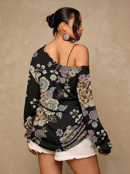 Freevana Plus Size Women's Casual Minimalist Floral Print T-Shirt Suitable For All Seasons Sexy One-Shoulder Design With Vintage Print Vacation Outfits Women
