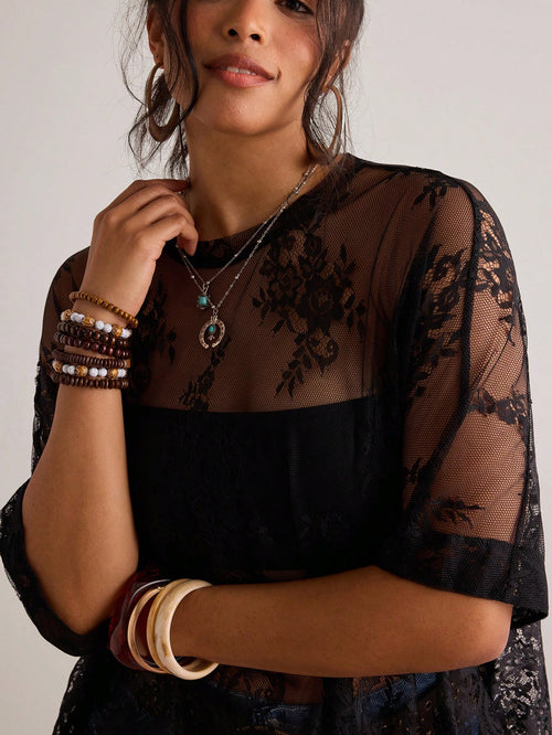 Freevana Plus Size Women Sheer Lace Blouse, Versatile Carnival Party Beach
