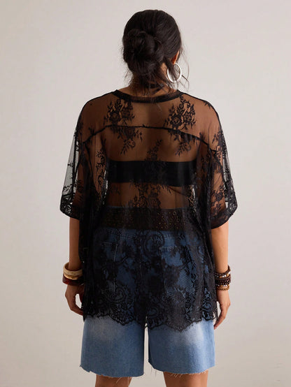 Freevana Plus Size Women Sheer Lace Blouse, Versatile Carnival Party Beach