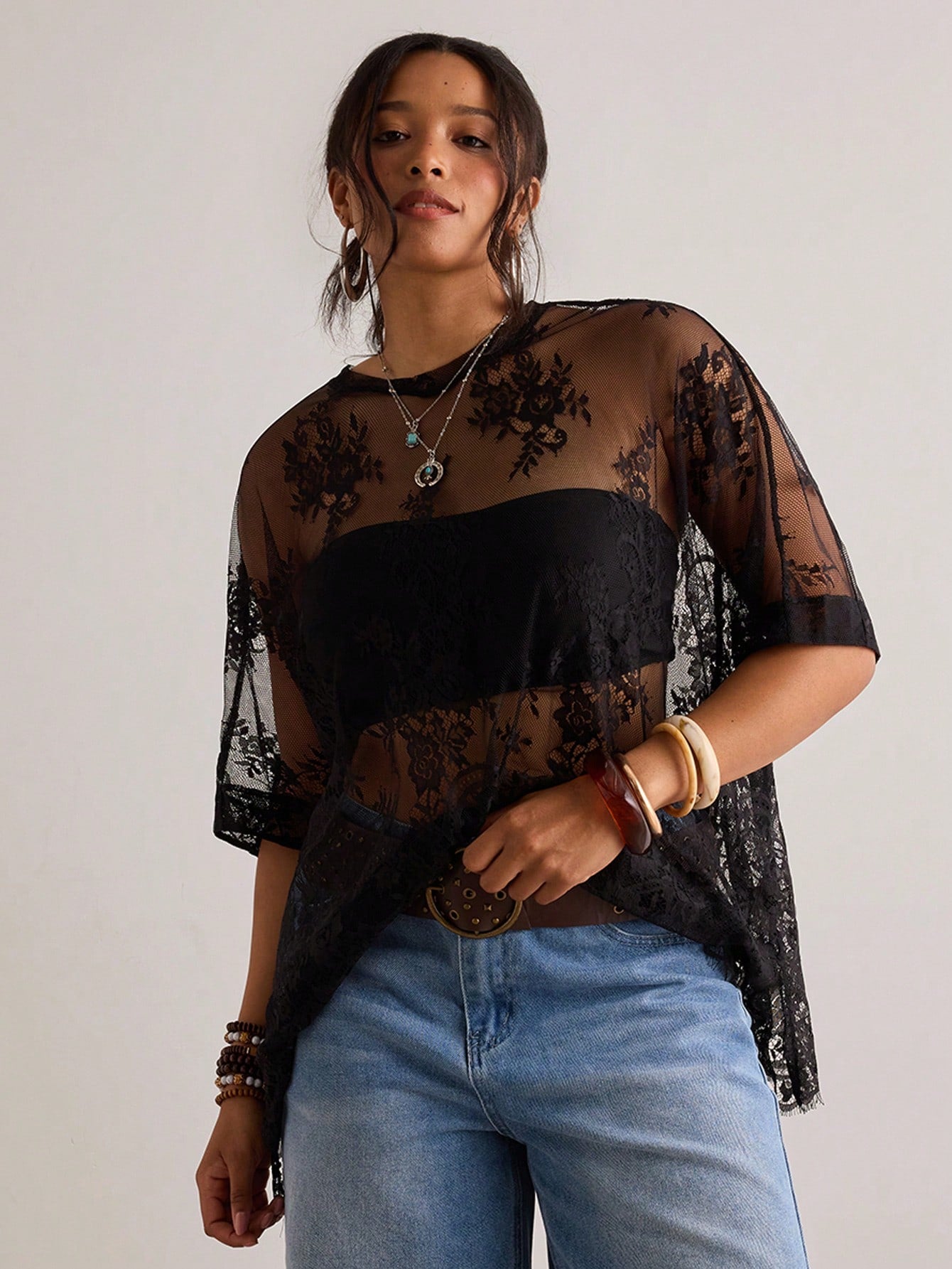 Freevana Plus Size Women Sheer Lace Blouse, Versatile Carnival Party Beach