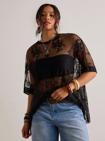 Freevana Plus Size Women Sheer Lace Blouse, Versatile Carnival Party Beach