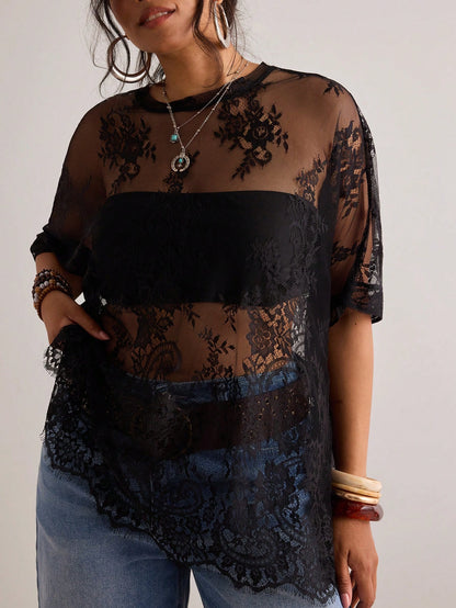 Freevana Plus Size Women Sheer Lace Blouse, Versatile Carnival Party Beach