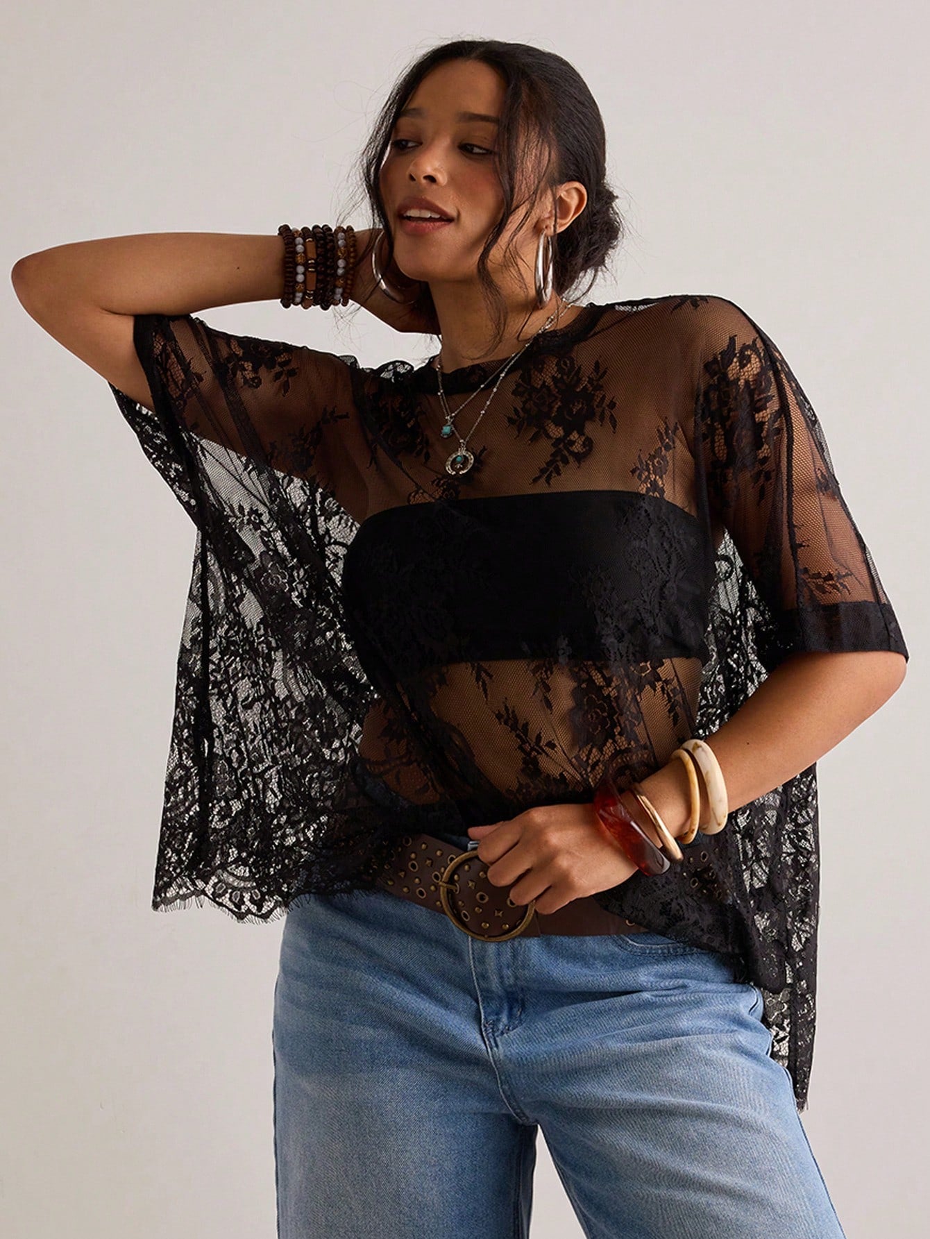 Freevana Plus Size Women Sheer Lace Blouse, Versatile Carnival Party Beach