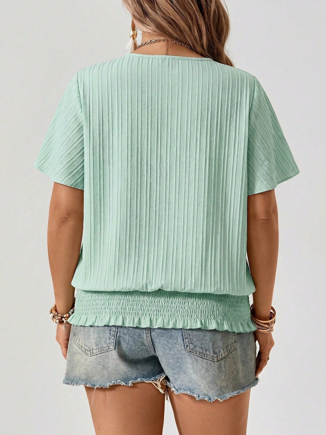 Freevana Plus Size Women Summer Casual Boho Applique Loose Short Sleeve Shirt Vacation Sage Green