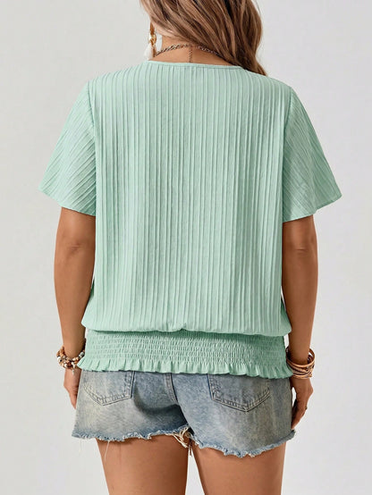 Freevana Plus Size Women Summer Casual Boho Applique Loose Short Sleeve Shirt Vacation Sage Green