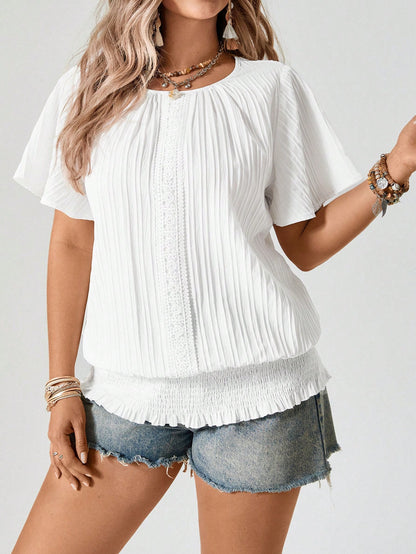 Freevana Plus Size Women Summer Casual Boho Applique Loose Short Sleeve Shirt Vacation Sage Green