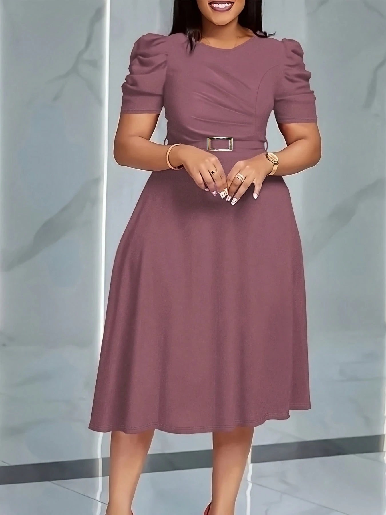 French Style Puff Sleeve Belted Midi Dress For Women- Elegant Crew Neck High Waist A-Line Dress, Chic Work To Evening Dress