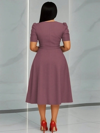 French Style Puff Sleeve Belted Midi Dress For Women- Elegant Crew Neck High Waist A-Line Dress, Chic Work To Evening Dress