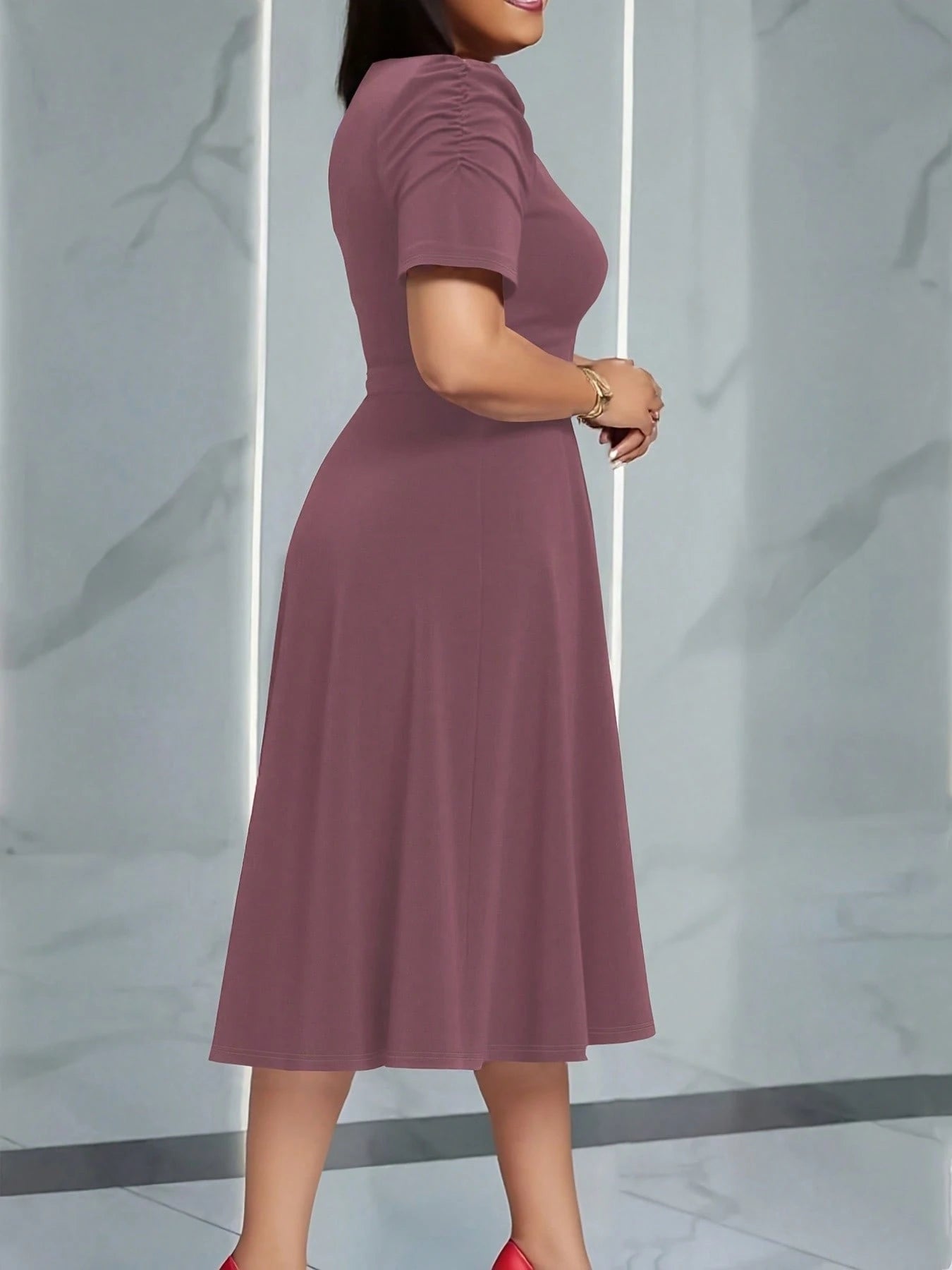 French Style Puff Sleeve Belted Midi Dress For Women- Elegant Crew Neck High Waist A-Line Dress, Chic Work To Evening Dress
