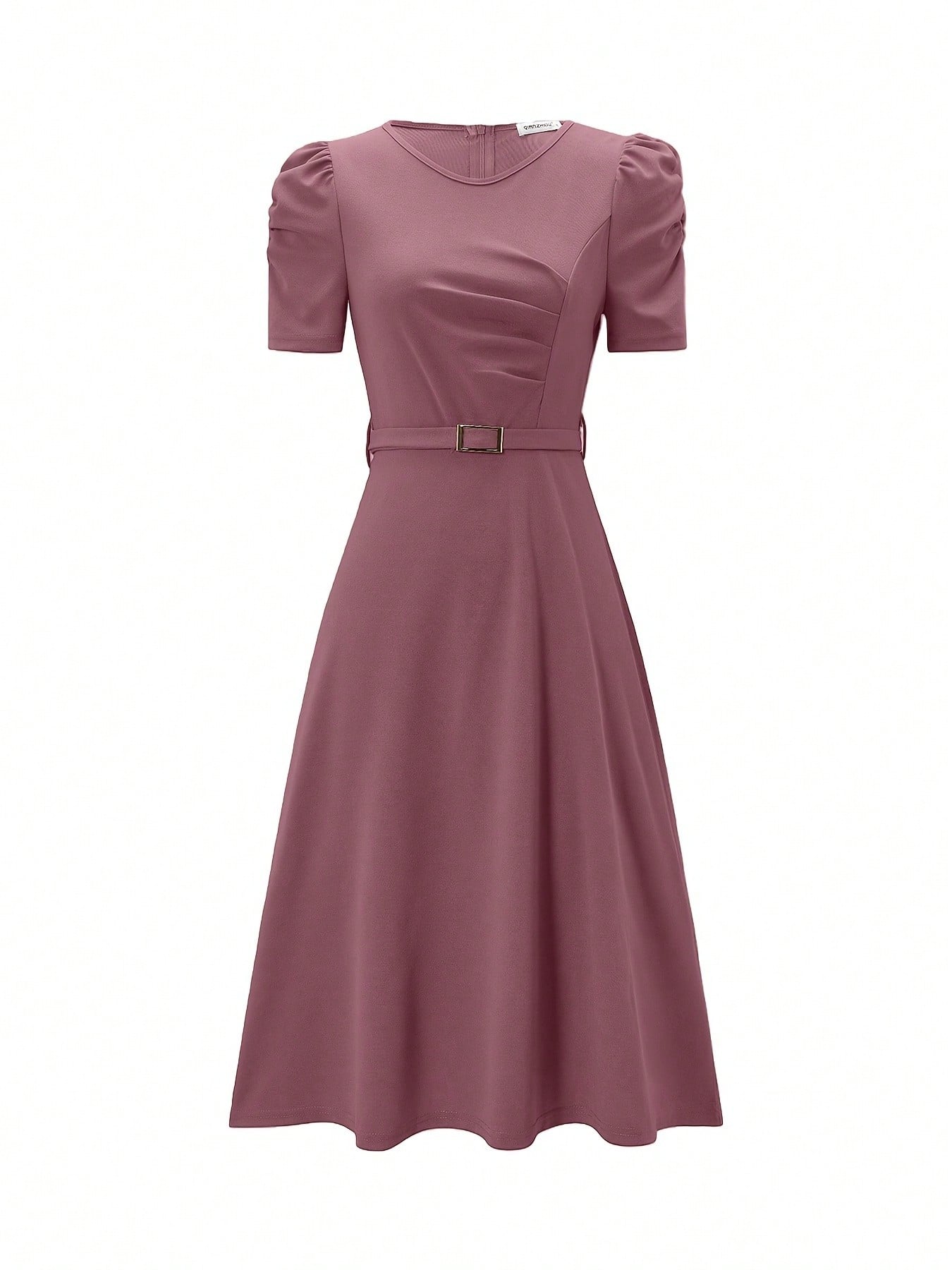 French Style Puff Sleeve Belted Midi Dress For Women- Elegant Crew Neck High Waist A-Line Dress, Chic Work To Evening Dress