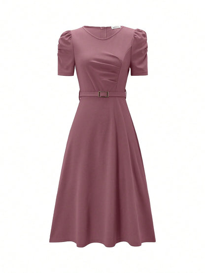 French Style Puff Sleeve Belted Midi Dress For Women- Elegant Crew Neck High Waist A-Line Dress, Chic Work To Evening Dress