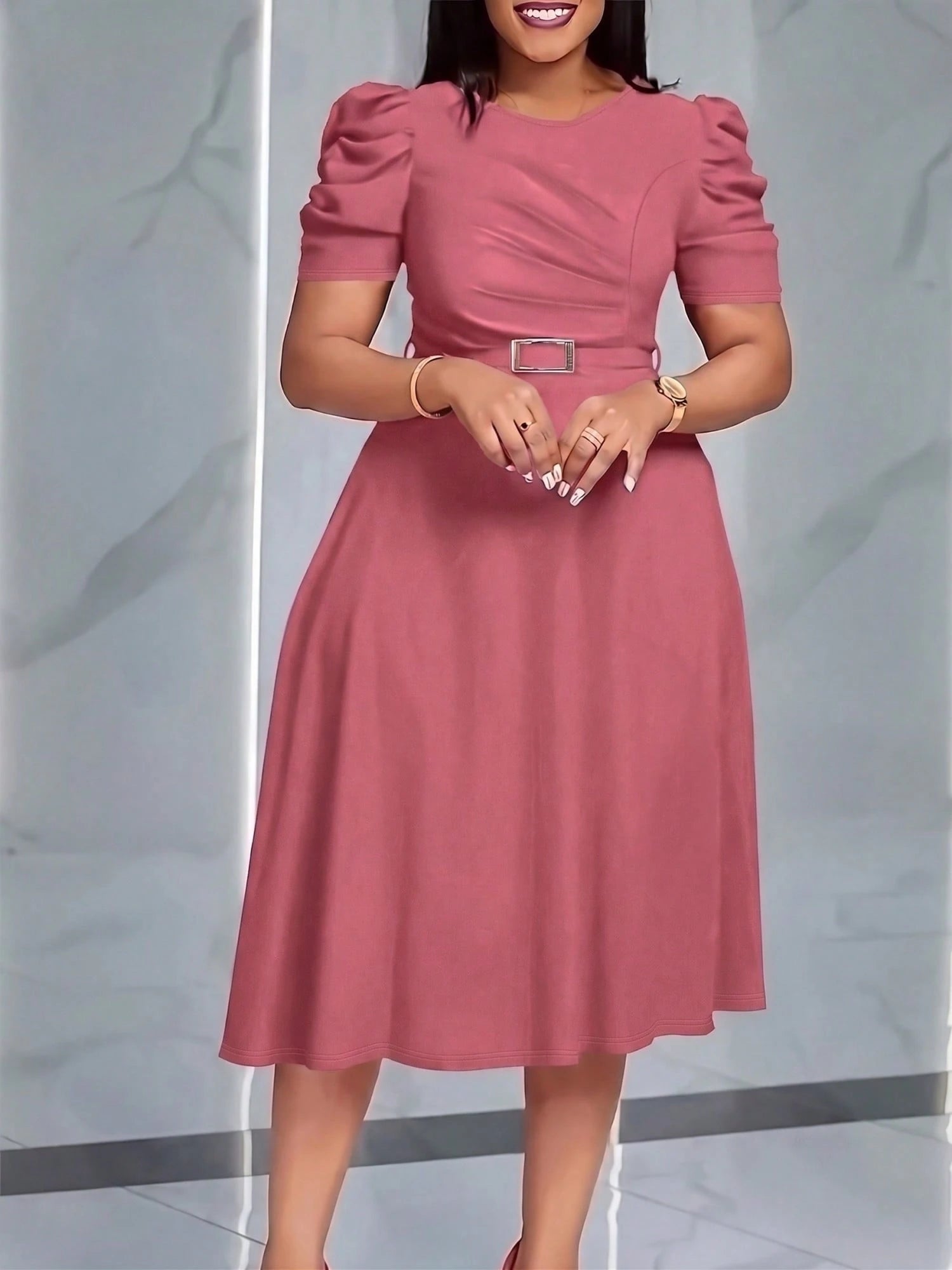 French Style Puff Sleeve Belted Midi Dress For Women- Elegant Crew Neck High Waist A-Line Dress, Chic Work To Evening Dress