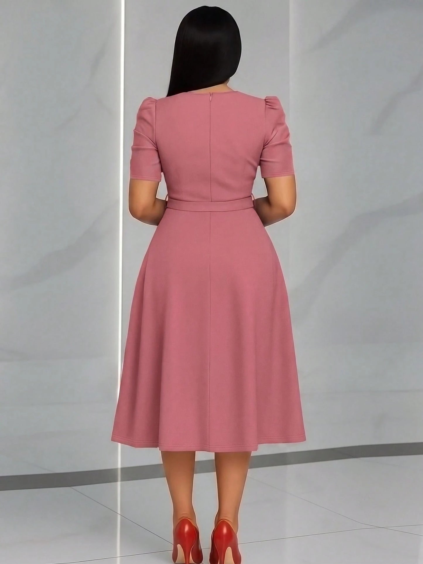 French Style Puff Sleeve Belted Midi Dress For Women- Elegant Crew Neck High Waist A-Line Dress, Chic Work To Evening Dress