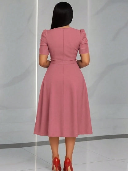 French Style Puff Sleeve Belted Midi Dress For Women- Elegant Crew Neck High Waist A-Line Dress, Chic Work To Evening Dress