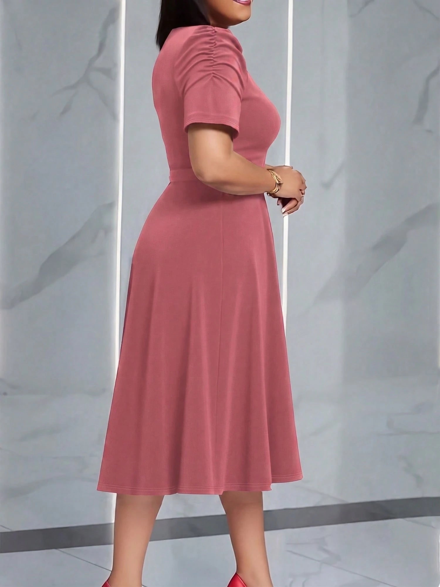 French Style Puff Sleeve Belted Midi Dress For Women- Elegant Crew Neck High Waist A-Line Dress, Chic Work To Evening Dress
