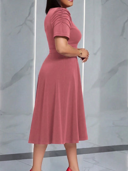 French Style Puff Sleeve Belted Midi Dress For Women- Elegant Crew Neck High Waist A-Line Dress, Chic Work To Evening Dress