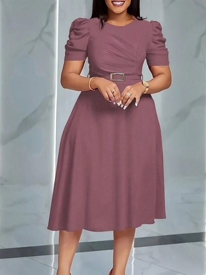 French Style Puff Sleeve Belted Midi Dress For Women- Elegant Crew Neck High Waist A-Line Dress, Chic Work To Evening Dress