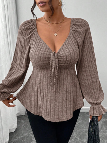 Frenchy Plus Size Autumn Elegant Chocolate Brown Long Sleeve Women's T-Shirt,Everyday Heart-Shaped Collar Tie Front Ruffle Hem Casual Soft Comfortable Top