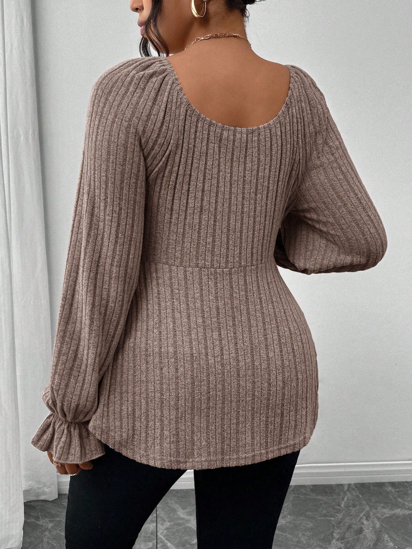 Frenchy Plus Size Autumn Elegant Chocolate Brown Long Sleeve Women's T-Shirt,Everyday Heart-Shaped Collar Tie Front Ruffle Hem Casual Soft Comfortable Top