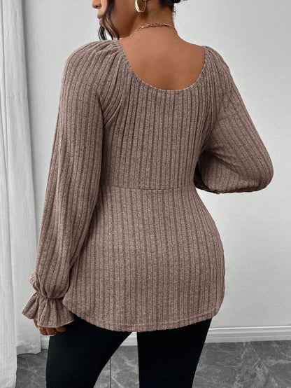 Frenchy Plus Size Autumn Elegant Chocolate Brown Long Sleeve Women's T-Shirt,Everyday Heart-Shaped Collar Tie Front Ruffle Hem Casual Soft Comfortable Top