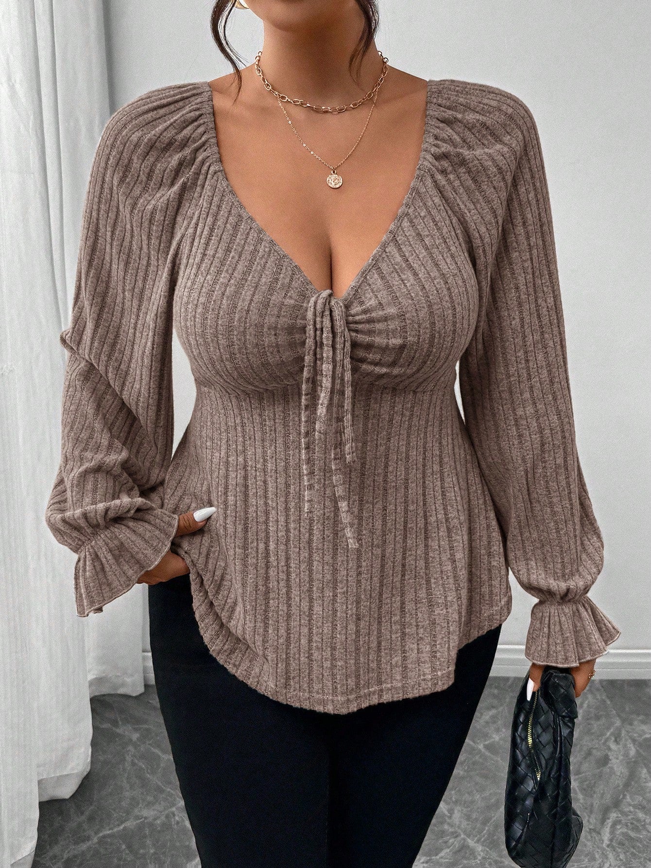 Frenchy Plus Size Autumn Elegant Chocolate Brown Long Sleeve Women's T-Shirt,Everyday Heart-Shaped Collar Tie Front Ruffle Hem Casual Soft Comfortable Top