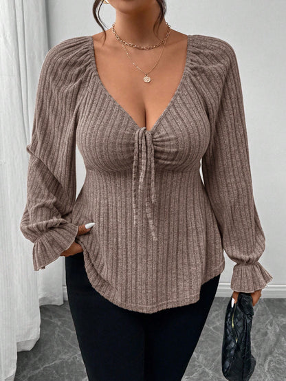 Frenchy Plus Size Autumn Elegant Chocolate Brown Long Sleeve Women's T-Shirt,Everyday Heart-Shaped Collar Tie Front Ruffle Hem Casual Soft Comfortable Top