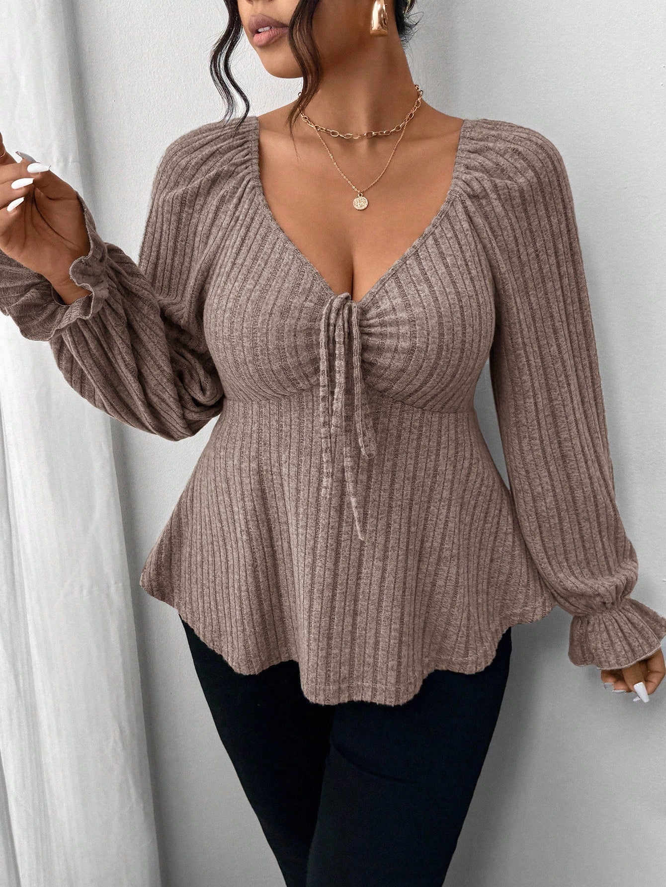 Frenchy Plus Size Autumn Elegant Chocolate Brown Long Sleeve Women's T-Shirt,Everyday Heart-Shaped Collar Tie Front Ruffle Hem Casual Soft Comfortable Top