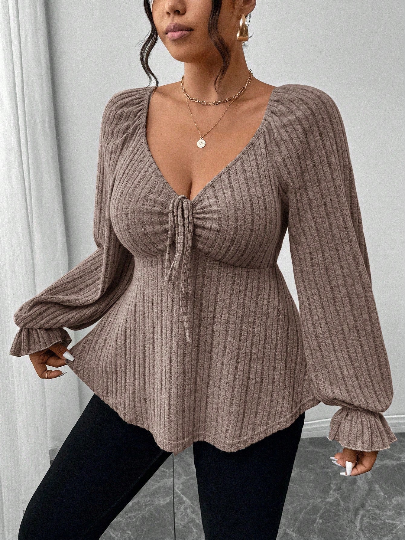Frenchy Plus Size Autumn Elegant Chocolate Brown Long Sleeve Women's T-Shirt,Everyday Heart-Shaped Collar Tie Front Ruffle Hem Casual Soft Comfortable Top