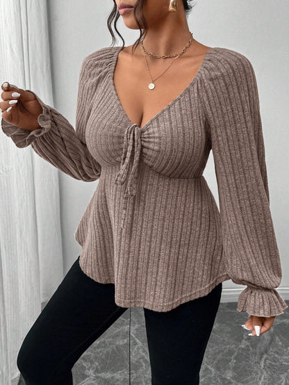 Frenchy Plus Size Autumn Elegant Chocolate Brown Long Sleeve Women's T-Shirt,Everyday Heart-Shaped Collar Tie Front Ruffle Hem Casual Soft Comfortable Top