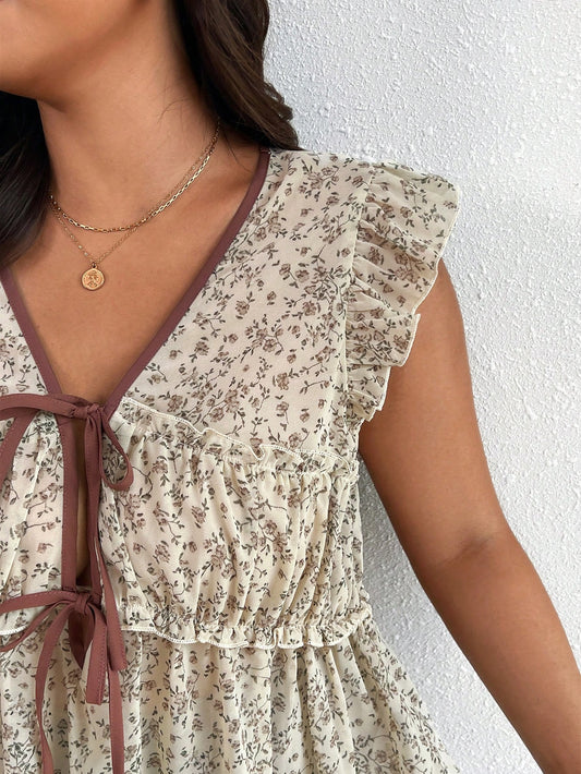 Frenchy Plus Size Casual Vacation Leopard Print Chiffon Cap Sleeve Tie Front Blouse For Women Home Wear Floral Top Peplum Social Elegant Women'S Blouses