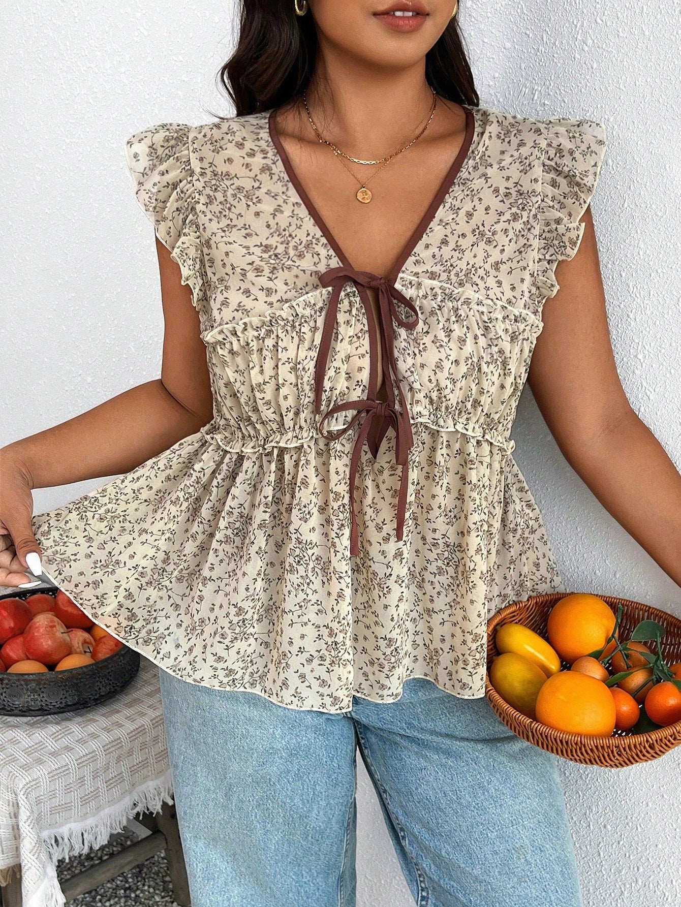 Frenchy Plus Size Casual Vacation Leopard Print Chiffon Cap Sleeve Tie Front Blouse For Women Home Wear Floral Top Peplum Social Elegant Women'S Blouses