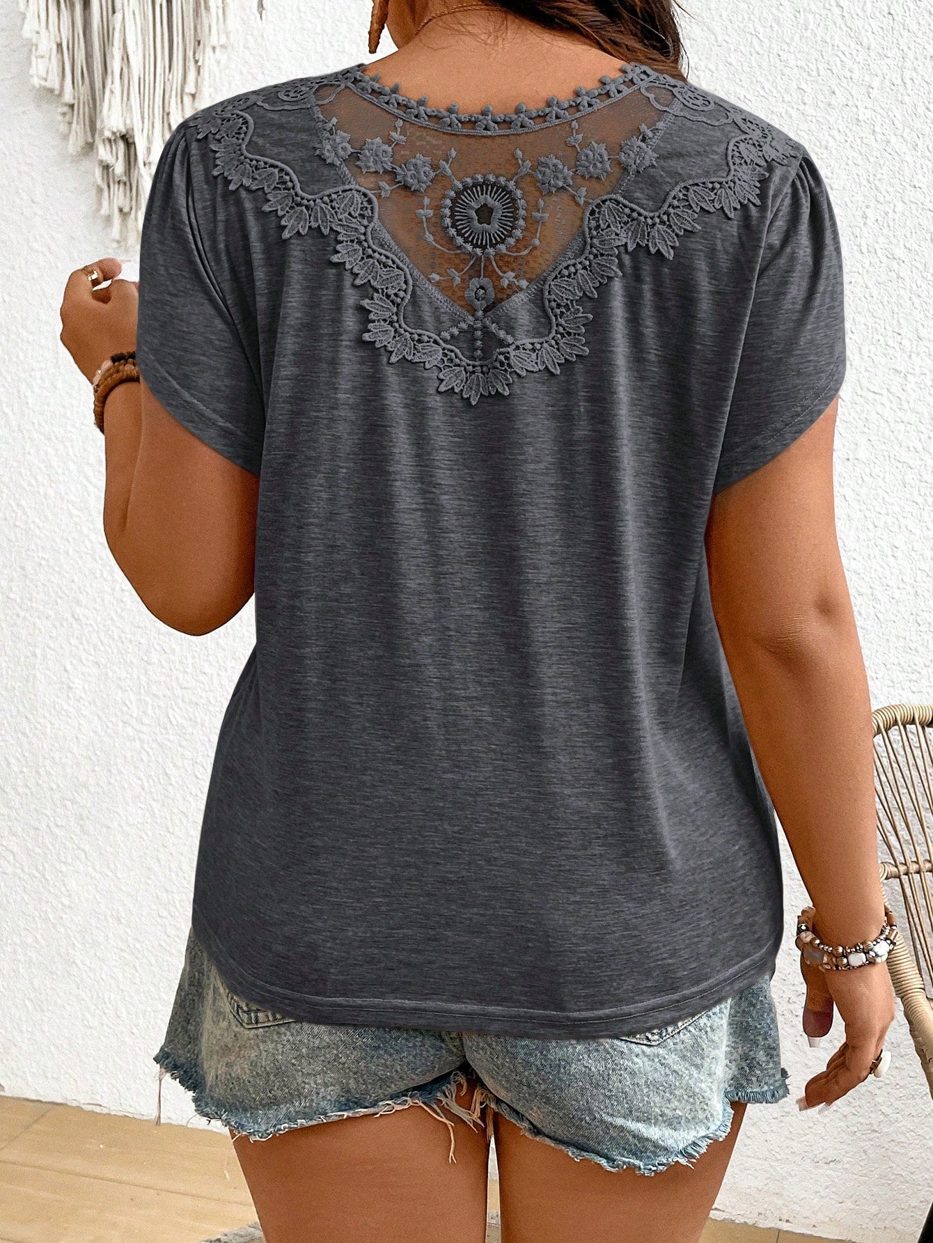 Frenchy Plus Size Dark Grey Knitted Casual T-Shirt With Contrast Lace Panel V Neck Short Batwing Sleeves And Regular Length Western T Shirts Women