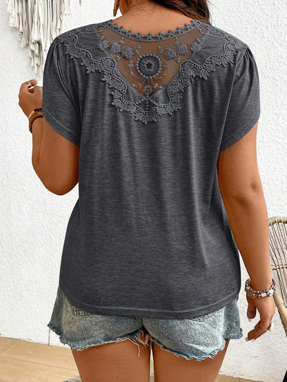 Frenchy Plus Size Dark Grey Knitted Casual T-Shirt With Contrast Lace Panel V Neck Short Batwing Sleeves And Regular Length Western T Shirts Women