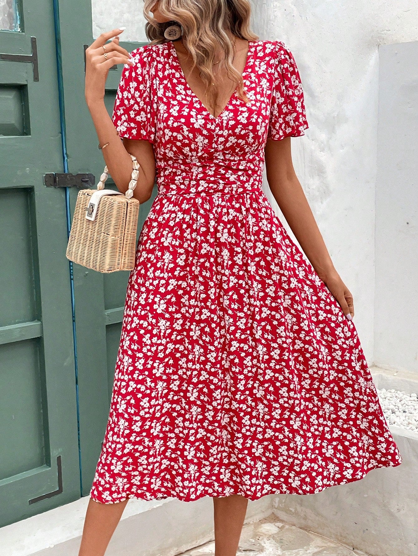 Frenchy V-Neck Floral Print Short Sleeve Ruffle Hem Dress Beach Holiday Dress Floral Dress Summer Dress Christmas New Year Red Vacation Flower Resort