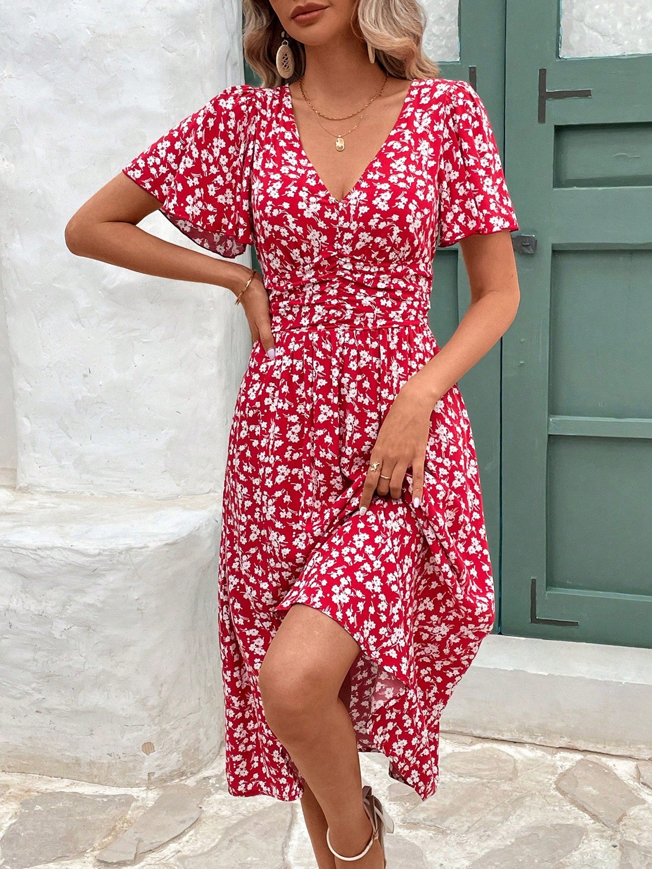 Frenchy V-Neck Floral Print Short Sleeve Ruffle Hem Dress Beach Holiday Dress Floral Dress Summer Dress Christmas New Year Red Vacation Flower Resort