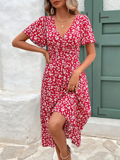 Frenchy V-Neck Floral Print Short Sleeve Ruffle Hem Dress Beach Holiday Dress Floral Dress Summer Dress Christmas New Year Red Vacation Flower Resort