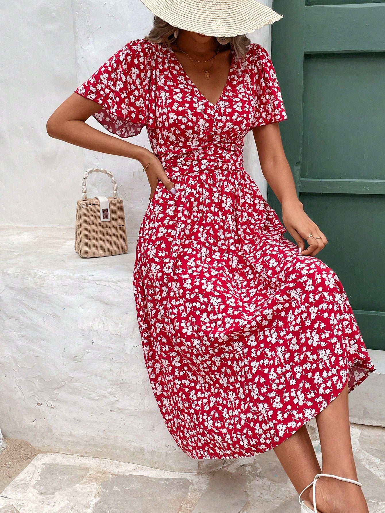 Frenchy V-Neck Floral Print Short Sleeve Ruffle Hem Dress Beach Holiday Dress Floral Dress Summer Dress Christmas New Year Red Vacation Flower Resort